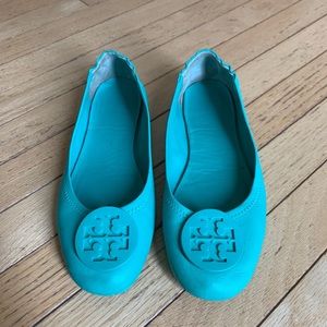 Turquoise Tory Burch Minnie Travel flats